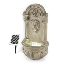 Löwenstein Wandbrunnen Gartenbrunnen Solar 2W LED Polyresin Steinoptik -Einrichtungsgeschäft 10031400 yy 0005 front Blumfeldt Loewenstein Wandbrunnen 2W Steinoptik