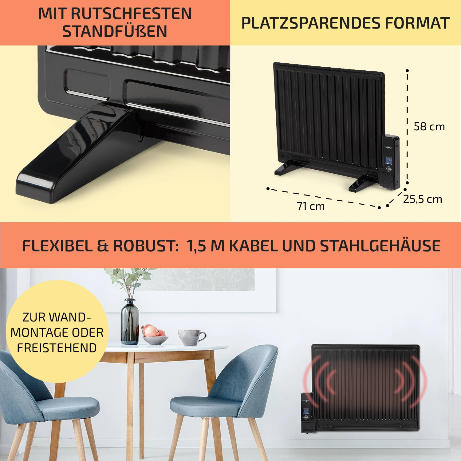 Wallander Ölradiator 600W Thermostat Ölheizung Ultraflach Schwarz 8 Wallander Ölradiator 600W Thermostat Ölheizung Ultraflach Schwarz – Bild 6