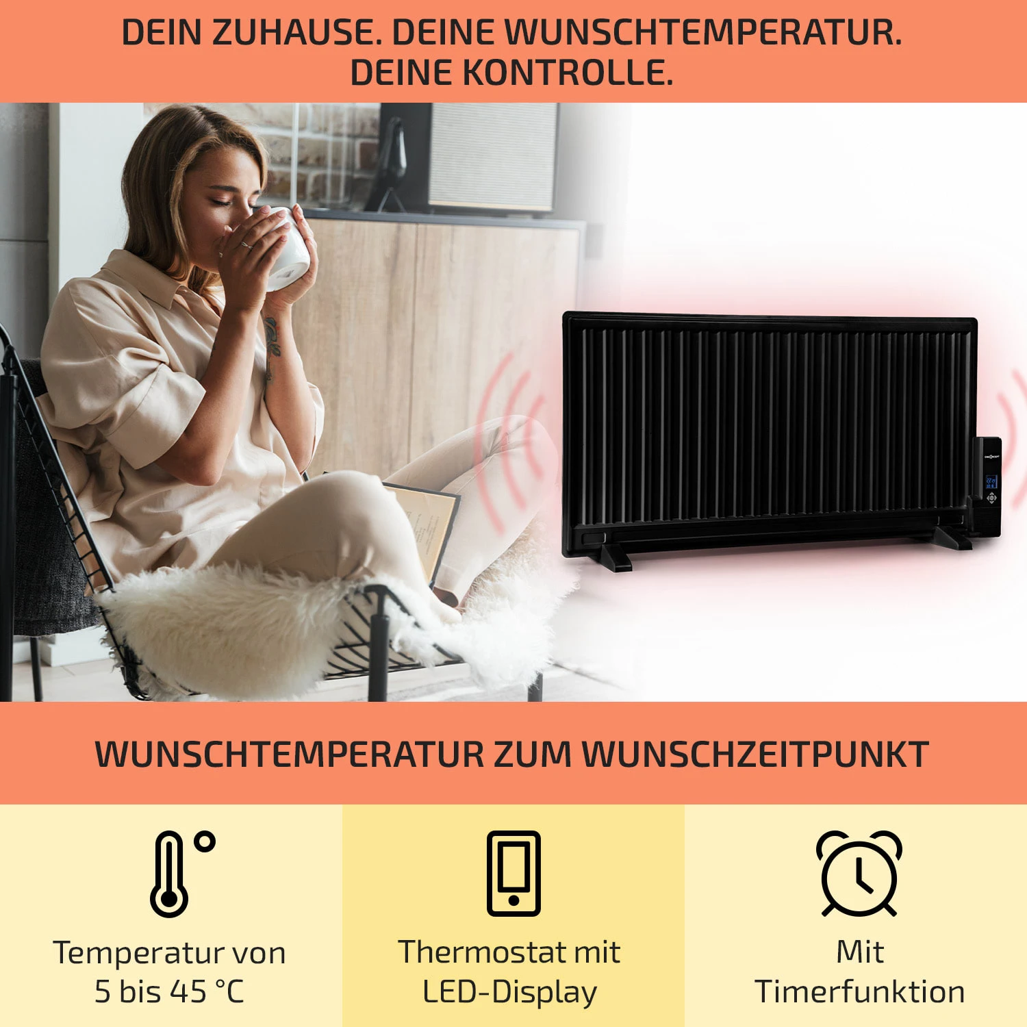 Wallander Ölradiator 1000W Thermostat Ölheizung Ultraflach Schwarz 5 Wallander Ölradiator 1000W Thermostat Ölheizung Ultraflach Schwarz – Bild 3