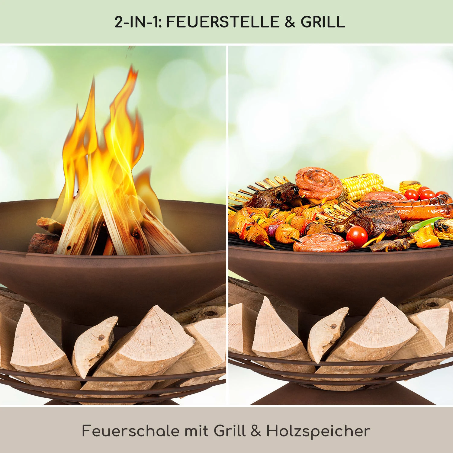 Aguilera Feuerschale Mit Grill Ø 65 Cm Holzlager Stahl 4 Aguilera Feuerschale Mit Grill Ø 65 Cm Holzlager Stahl – Bild 2