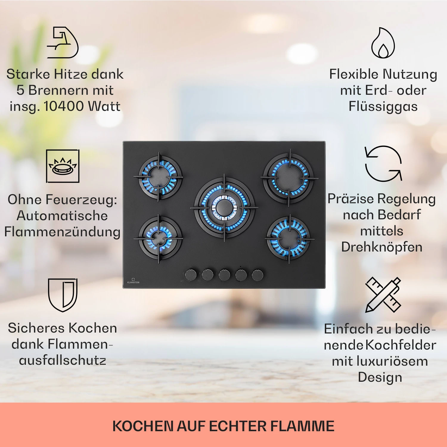 Firetale Gaskochfeld 5-flammig 70 Cm Aluminium-Brenner Inkl. Schlauch Und Druckminderer 4 Firetale Gaskochfeld 5-flammig 70 Cm Aluminium-Brenner Inkl. Schlauch Und Druckminderer – Bild 2