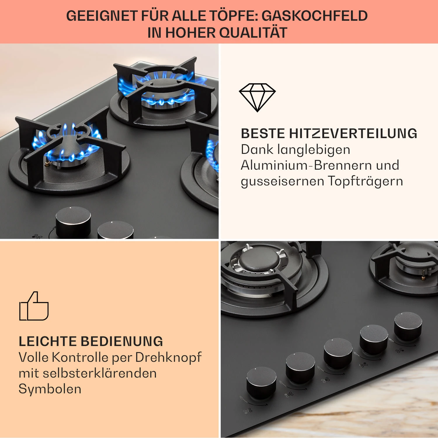 Firetale Gaskochfeld 5-flammig 70 Cm Aluminium-Brenner Inkl. Schlauch Und Druckminderer 6 Firetale Gaskochfeld 5-flammig 70 Cm Aluminium-Brenner Inkl. Schlauch Und Druckminderer – Bild 4