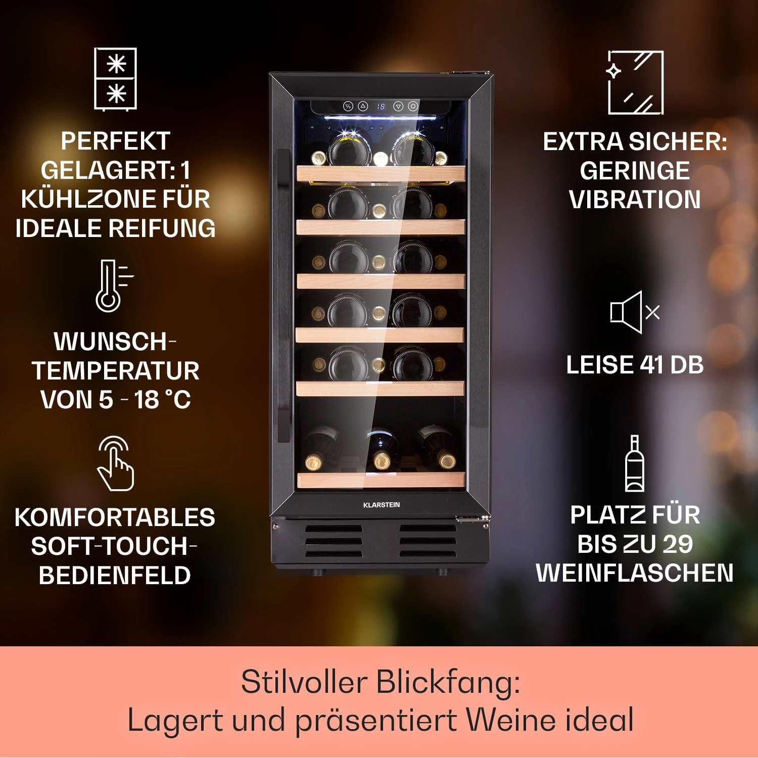 Vinovilla 29 Built-In Weinkühlschrank 81 L / 29 Fl. 1 Zone Glastür Edelstahl 4 Vinovilla 29 Built-In Weinkühlschrank 81 L / 29 Fl. 1 Zone Glastür Edelstahl – Bild 2