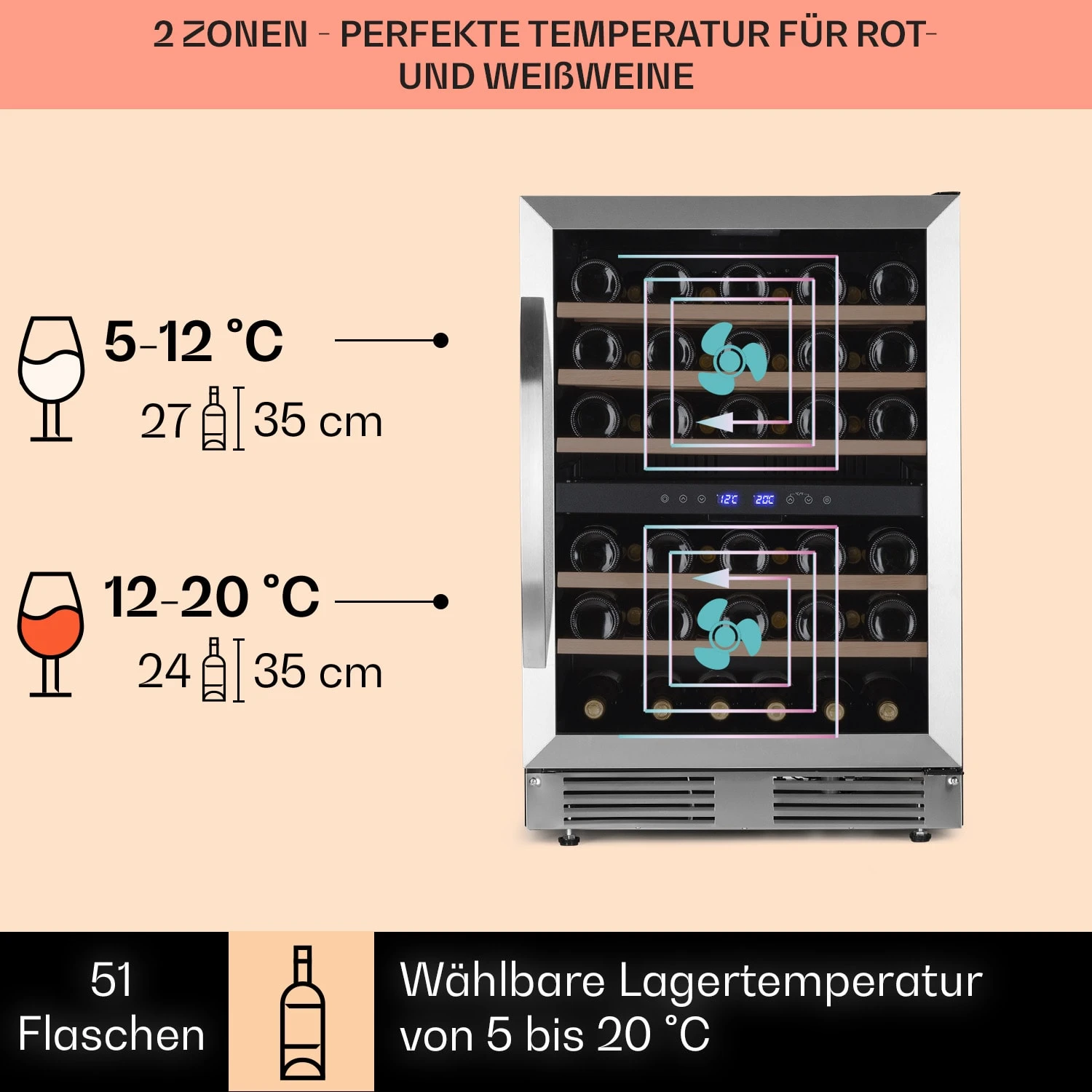 Vinovilla 50 Duo Zweizonen-Weinkühlschrank 53l 17 Fl. 3-Farben Glastür 5 Vinovilla 50 Duo Zweizonen-Weinkühlschrank 53l 17 Fl. 3-Farben Glastür – Bild 3